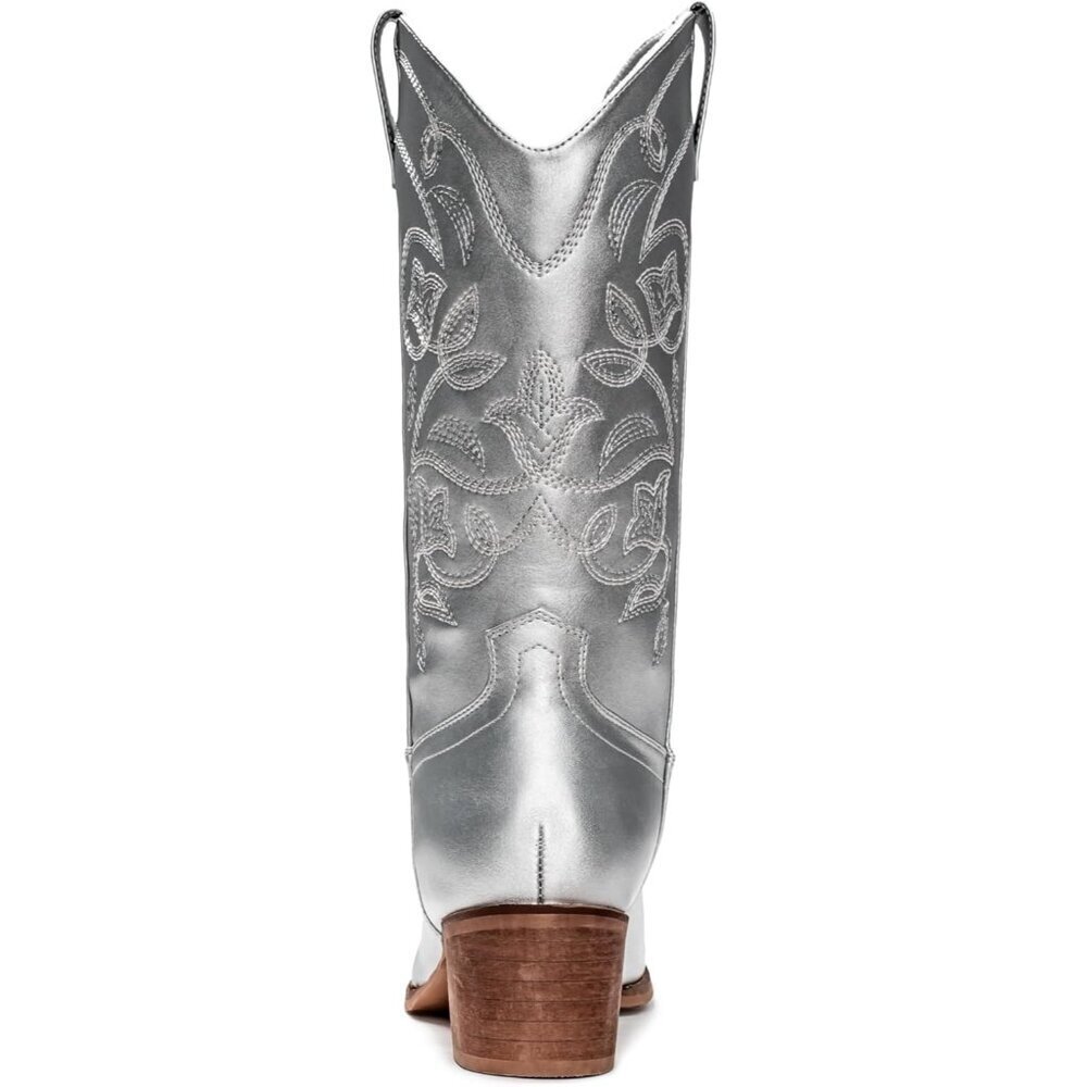 Women's Silver Pointy Toe Faux Leather Western Cowgirl Mid Calf Boots - Picture 5 of 6